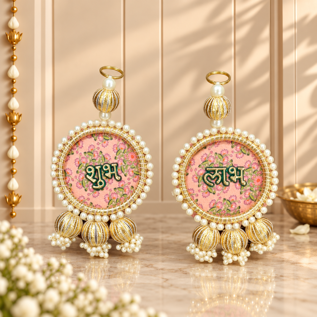 Floral Gold Ball Shubh Labh pair with decorative gold accents for traditional Diwali home decor