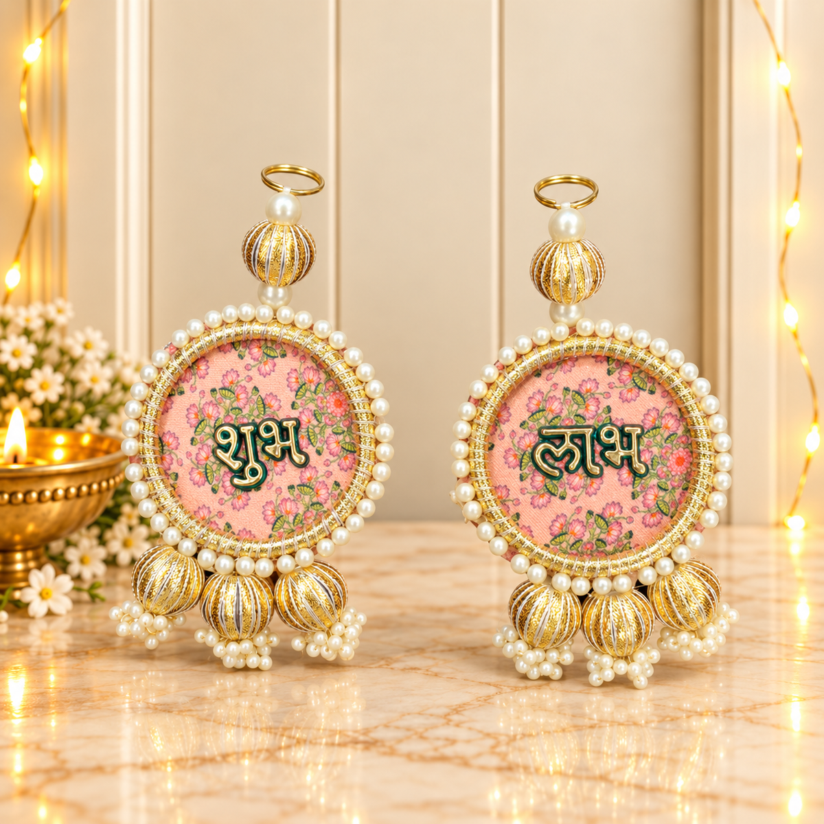 Floral Gold Ball Shubh Labh door hanging for main door and Diwali home decoration in India