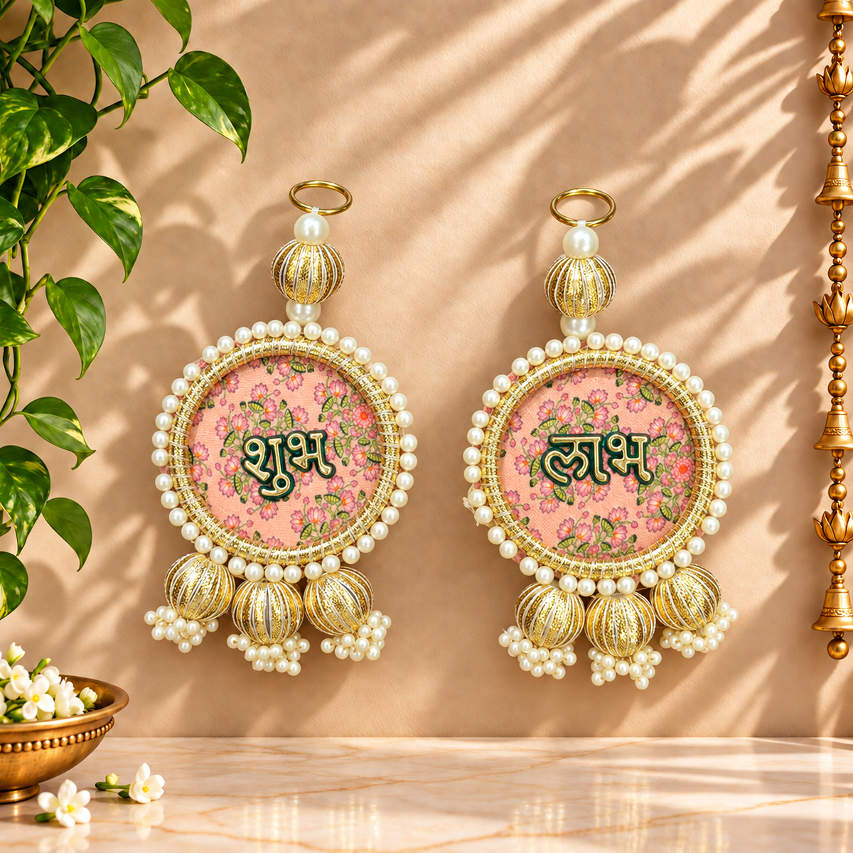 Floral Gold Ball Shubh Labh hanging displayed on main door for Diwali and Gruh Pravesh decoration