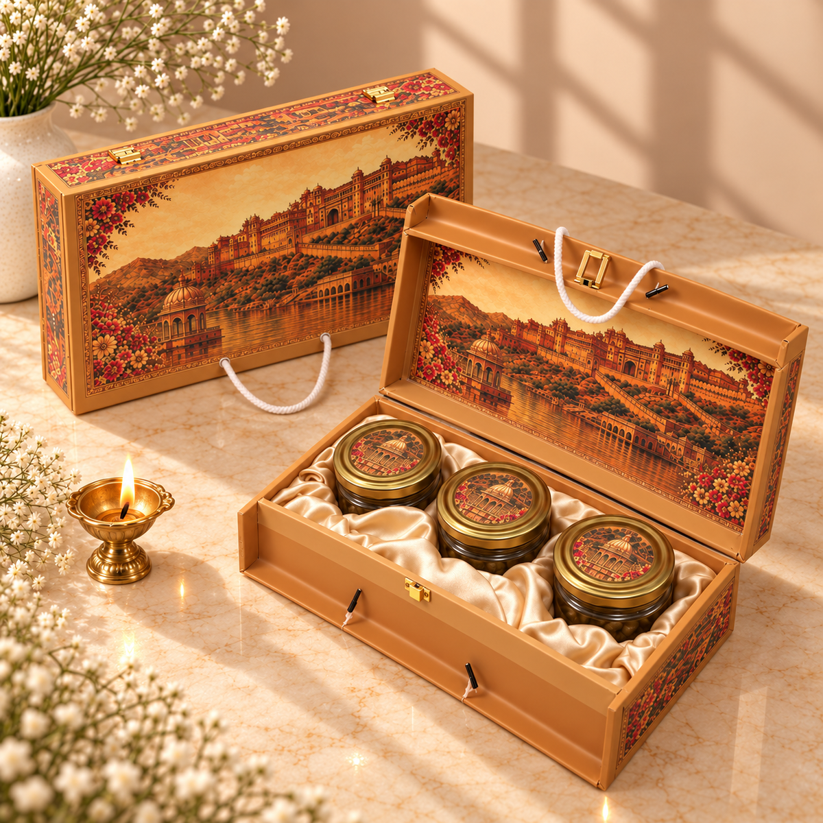 Closed Golden Heritage Fortress luxury 3-jar hamper box for Diwali and wedding gifting