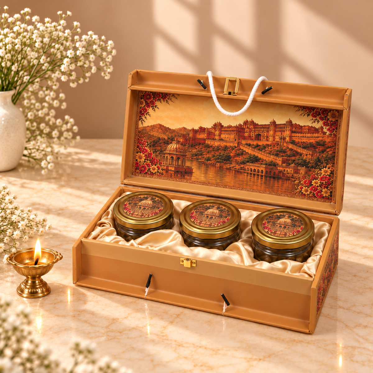 Open Golden Heritage Fortress hamper box with three empty jars for customized festive gifting