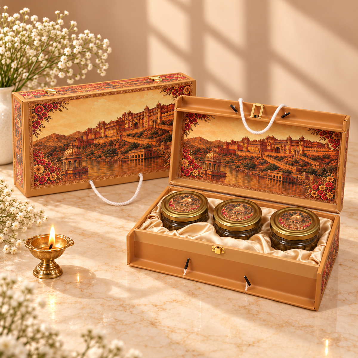 Golden Heritage Fortress gift box with three empty jars for dry fruits, sweets, mukhwas or chocolates