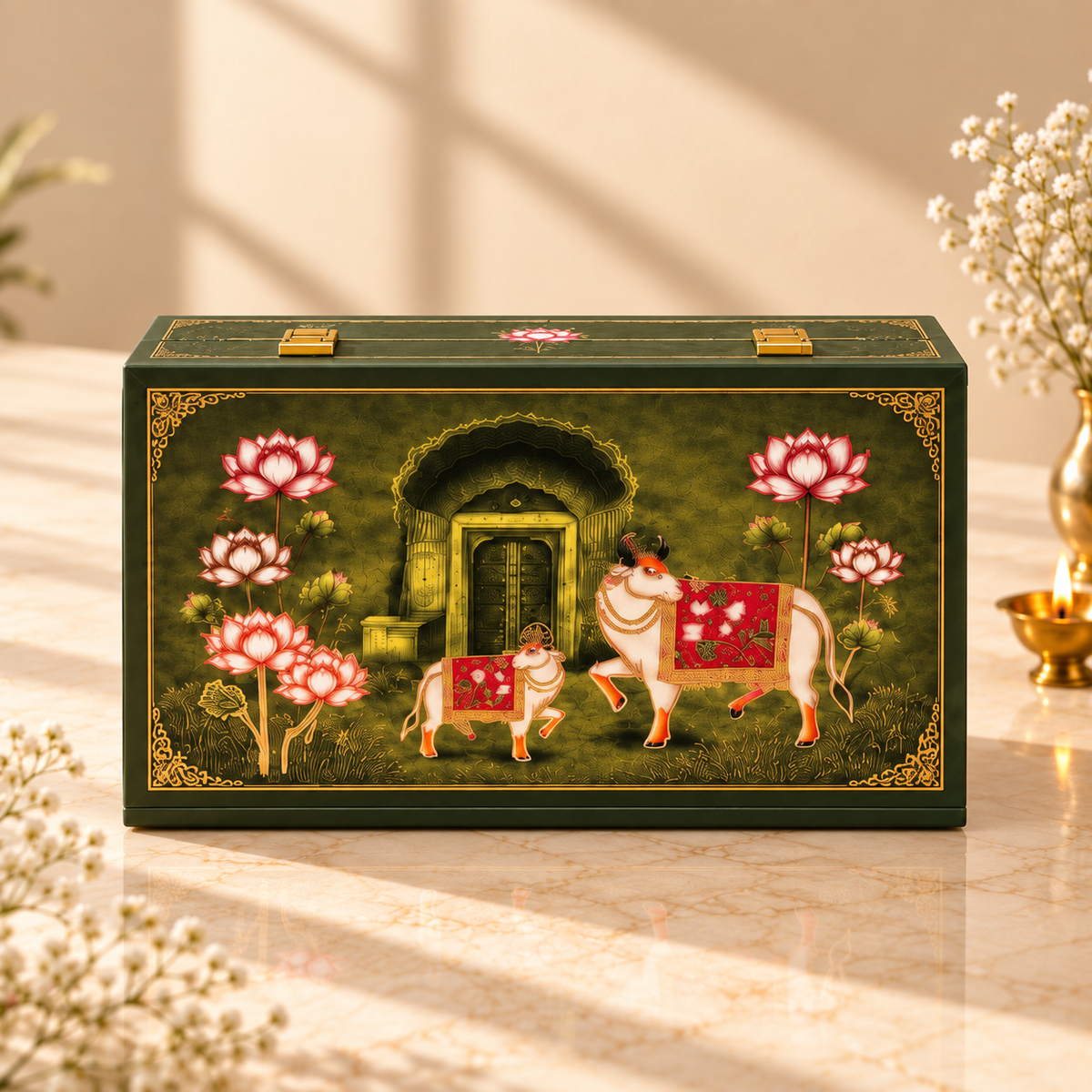 Green Kamdhenu 3-jar luxury festive hamper box for Diwali, weddings and corporate gifting in India