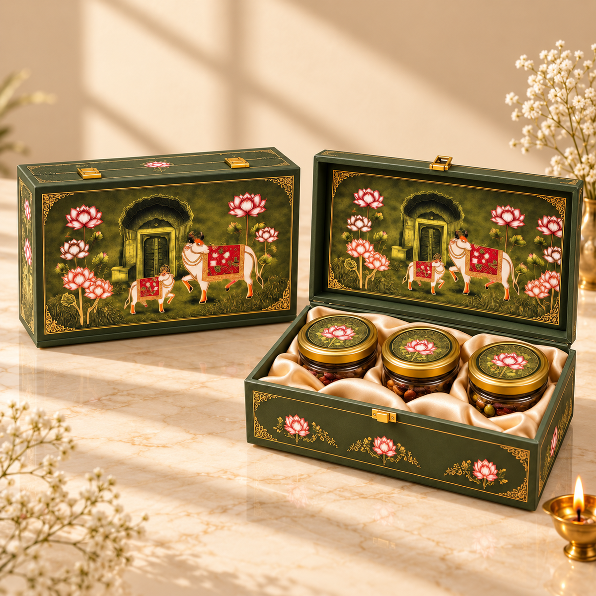 Green Kamdhenu gift box with three empty jars for dry fruits, sweets, mukhwas or chocolates