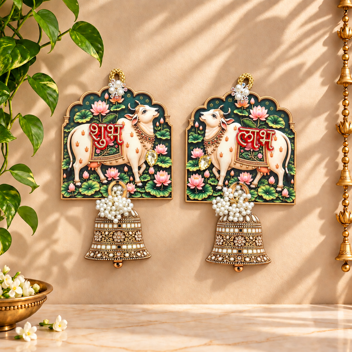 Green Lotus Cow Shubh Labh Door Hanging Pair