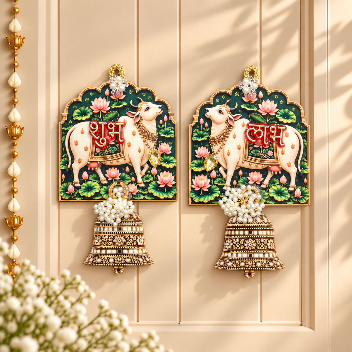 Green Lotus Cow Shubh Labh Door Hanging Pair