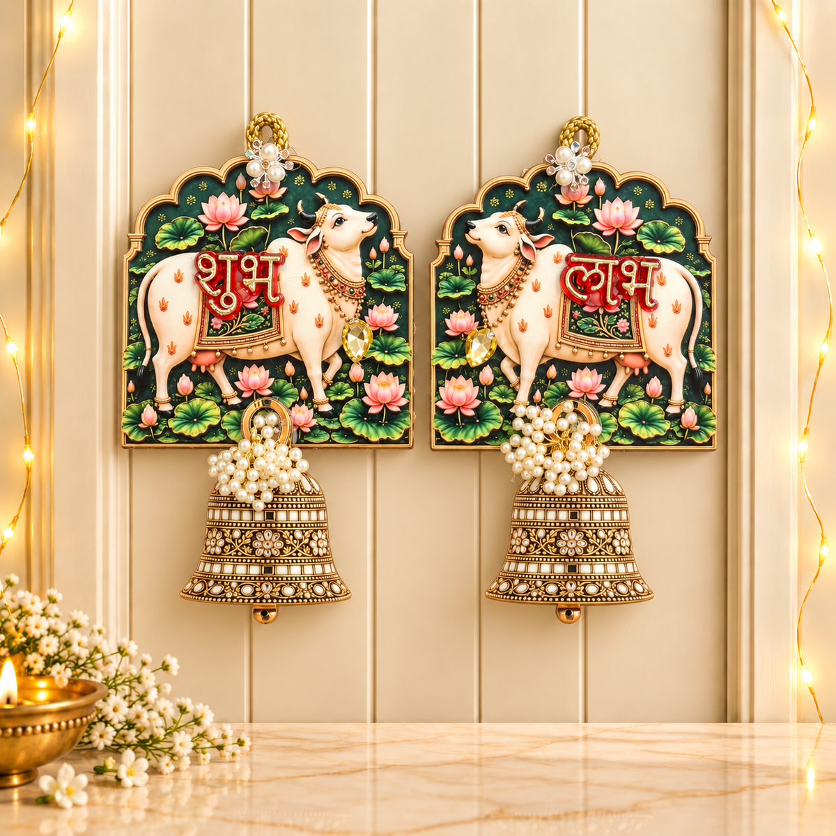 Green Lotus Cow Shubh Labh Door Hanging Pair