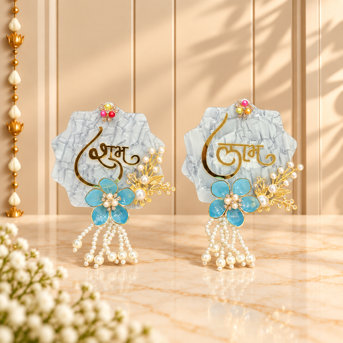 Grey-Blue Floral Shubh Labh plaque pair with traditional Indian festive floral detailing