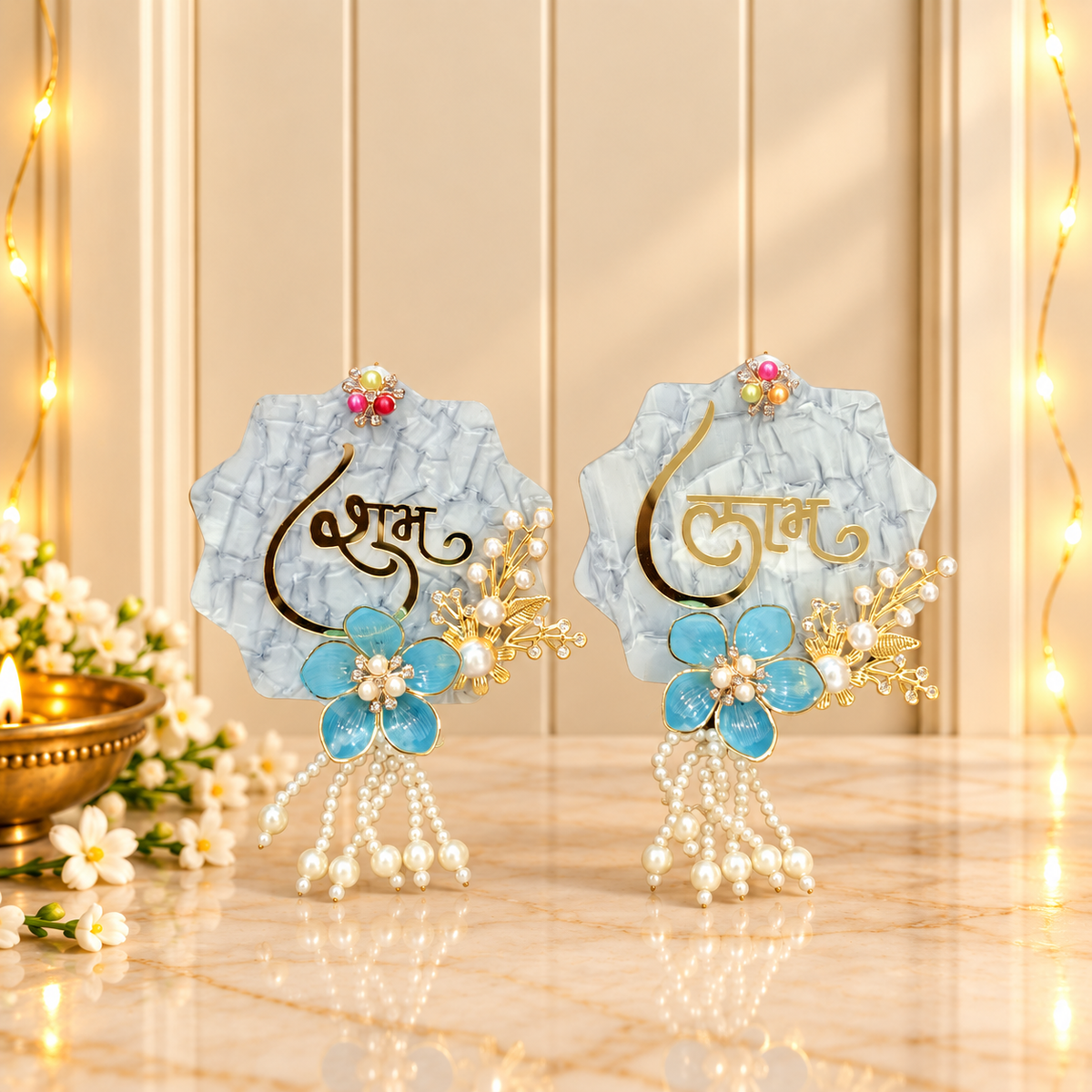 Grey-Blue Floral Shubh Labh plaque pair for Diwali main door and home decoration in India