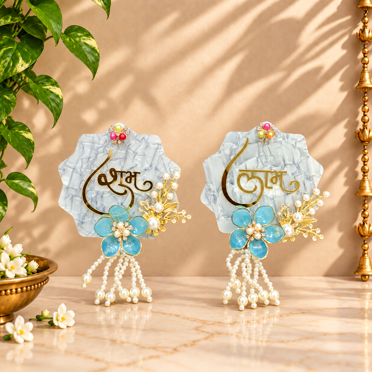 Grey-Blue Floral Shubh Labh plaques displayed on main door for Diwali and Gruh Pravesh decoration