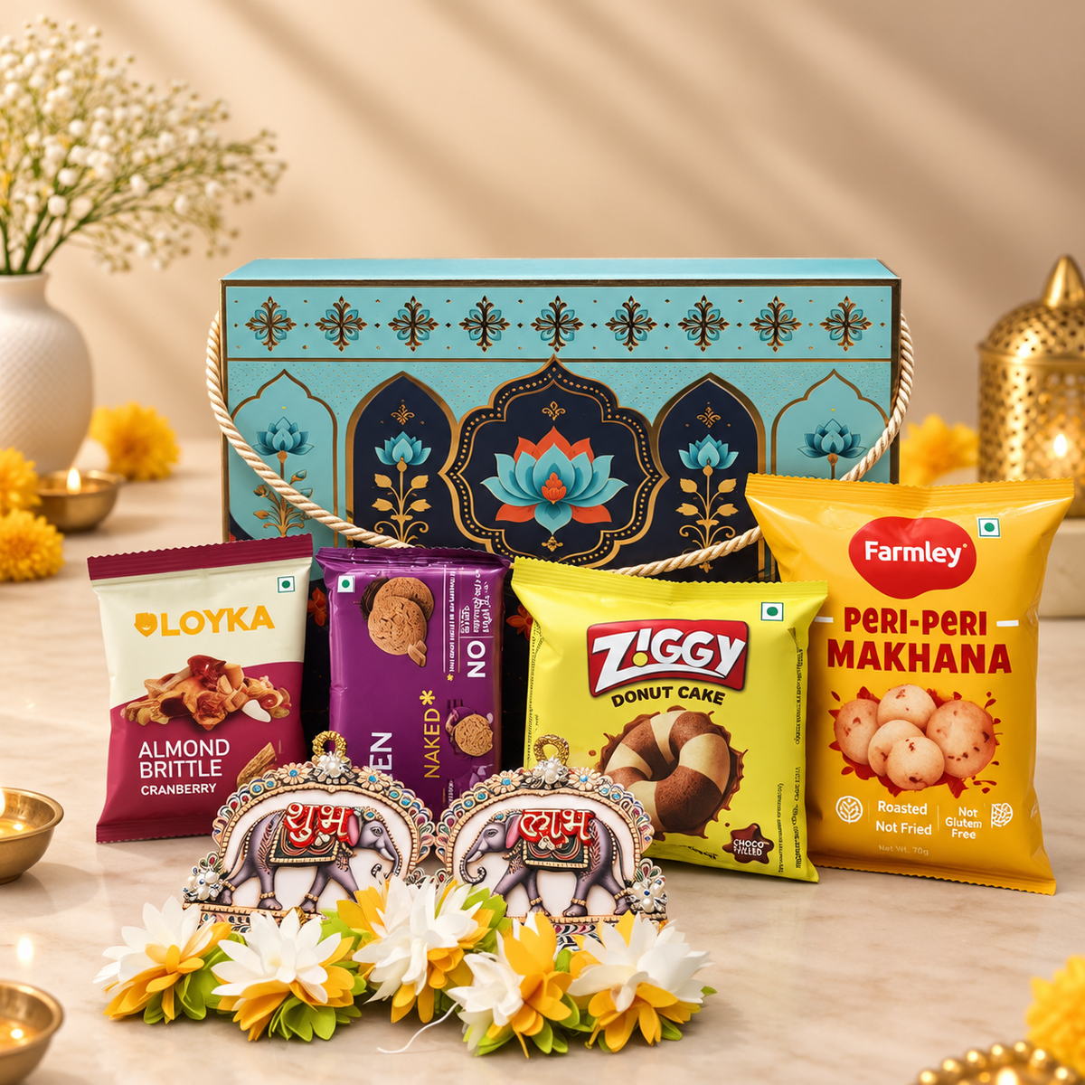 Open Blue Lotus Diwali gift box with Loyka almond brittle, Open Secret cookies, Ziggy donut cake and Farmley makhana
