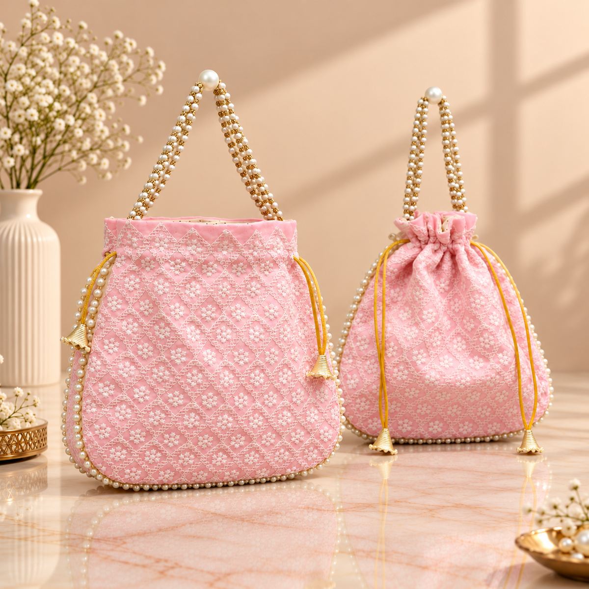 Handcrafted Baby Pink Chikankari floral embroidered silk potli bag with pearl bead handle for wedding gifting in India