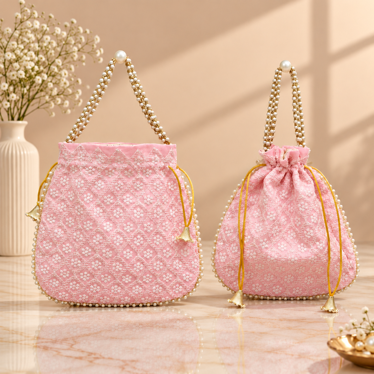 Pearl-style bead handle on Baby Pink Chikankari embroidered potli bag for premium wedding gifting