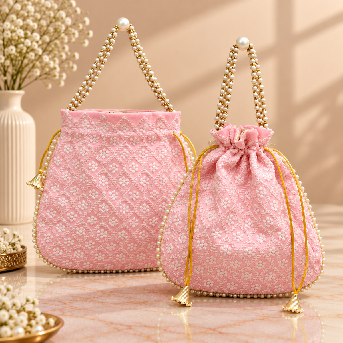Baby Pink silk potli bag close-up with Chikankari-inspired floral embroidery and pearl bead handle