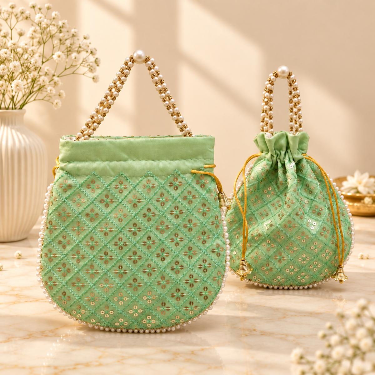 Pearl-style bead handle on Mint Green Sequin Lattice potli bag for premium wedding gifting