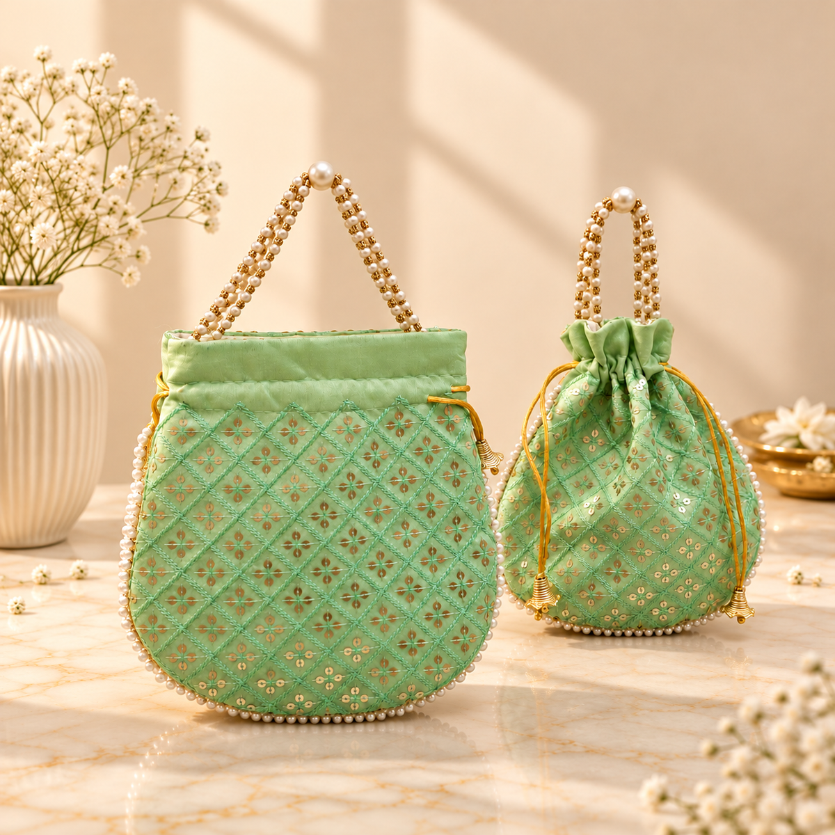 Mint Green silk potli bag close-up with sequin lattice detailing and elegant pearl bead handle