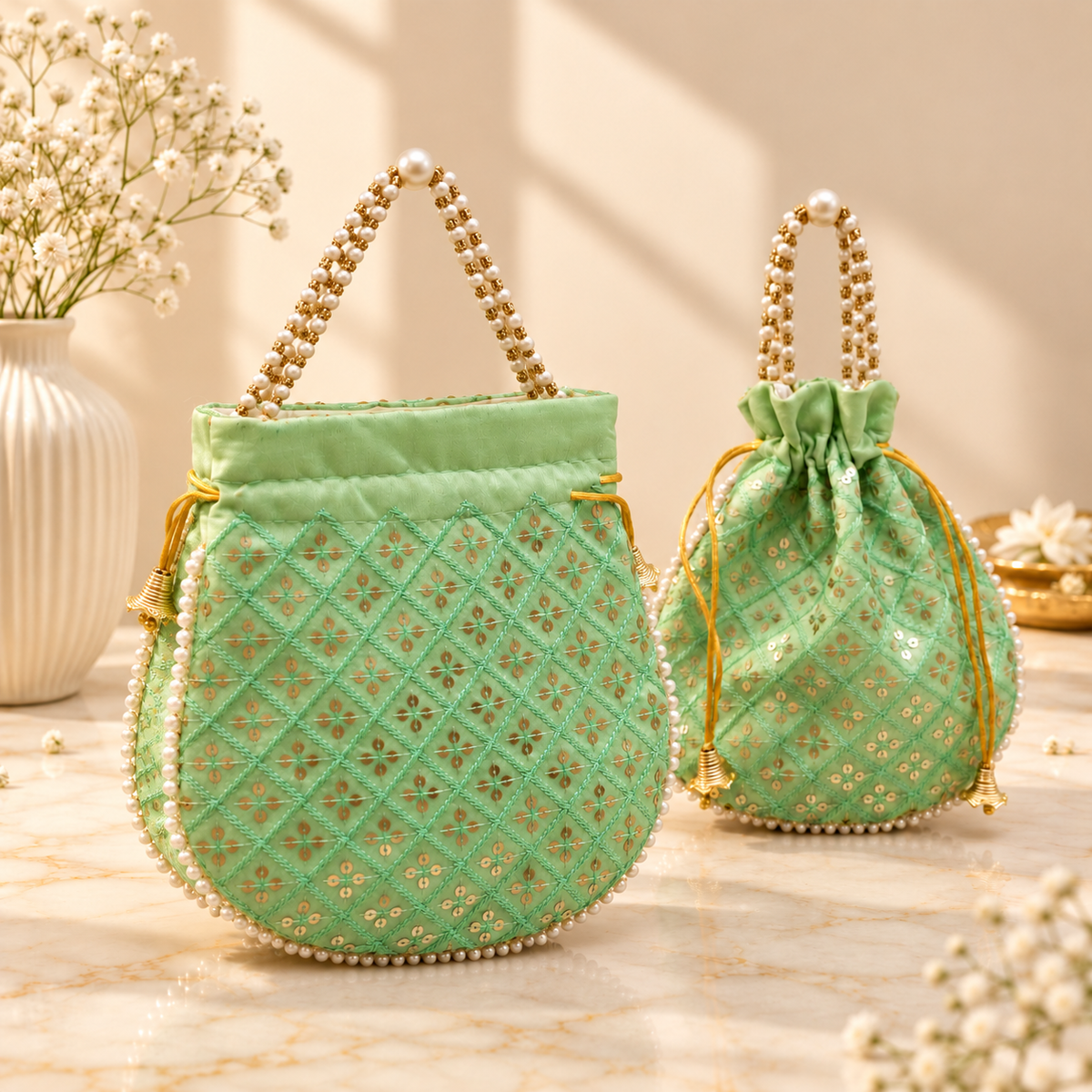 Handcrafted Mint Green Sequin Lattice silk potli bag with pearl bead handle for wedding and festive gifting in India