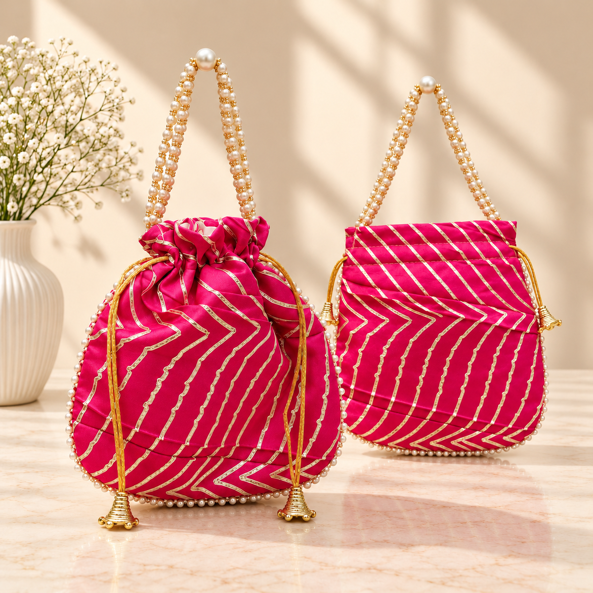 Pearl-style bead handle on Rani Pink Gota Patti Leheriya potli bag for premium wedding gifting