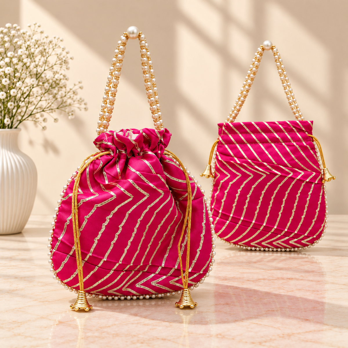 Rani Pink Leheriya potli bag close-up with traditional Gota Patti detailing and pearl bead handle