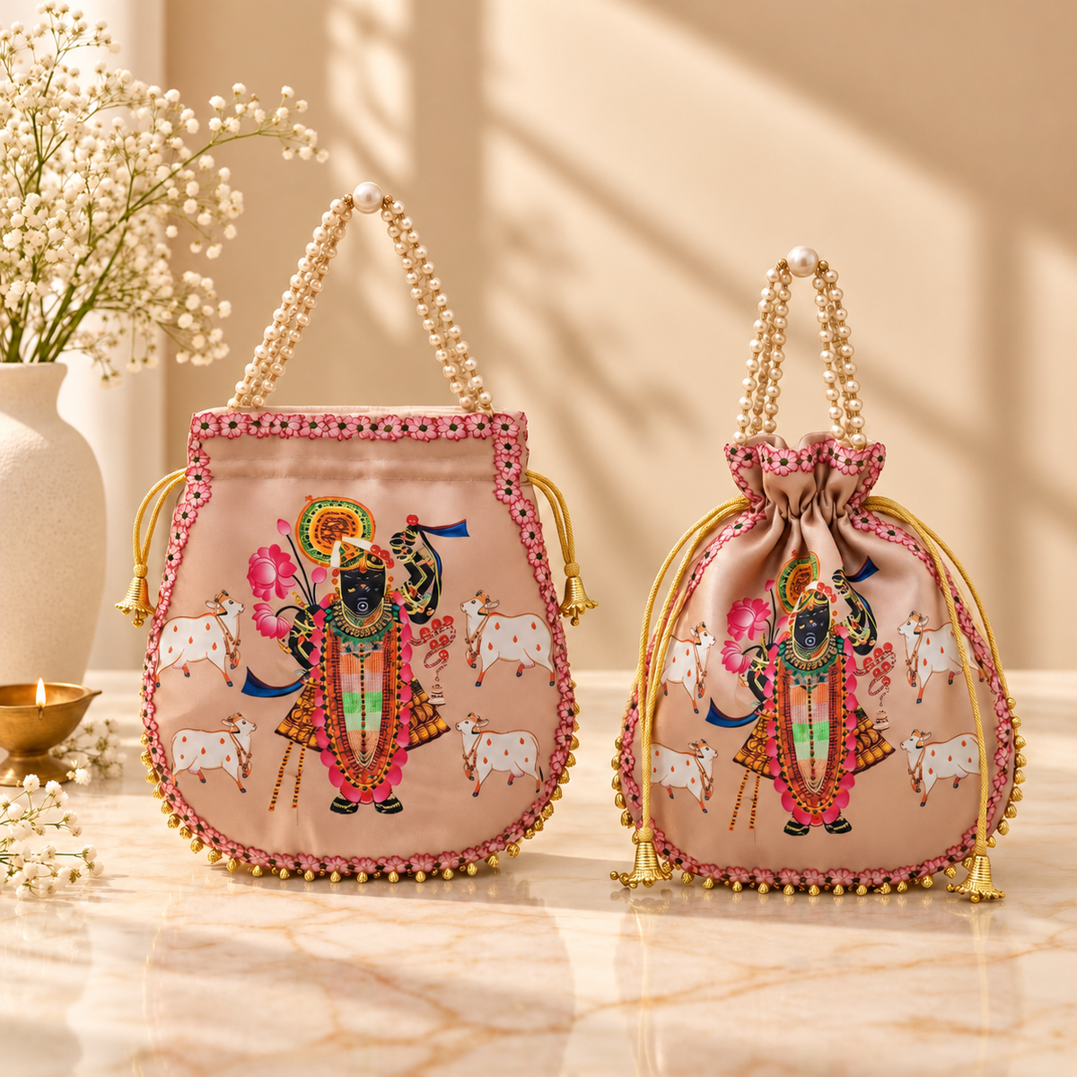 Pearl-style bead handle on Shrinathji Pichwai satin potli bag for premium Indian gifting