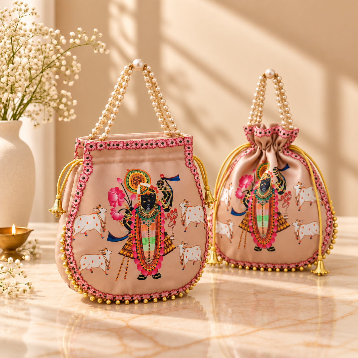 Shrinathji Pichwai artwork close-up on handcrafted satin potli bag with pearl bead handle