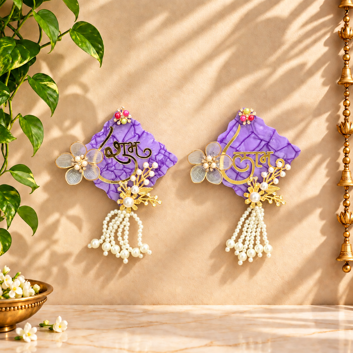 Lavender and Gold Diamond Shubh Labh hanging plaques displayed on main door for Diwali and Gruh Pravesh decoration