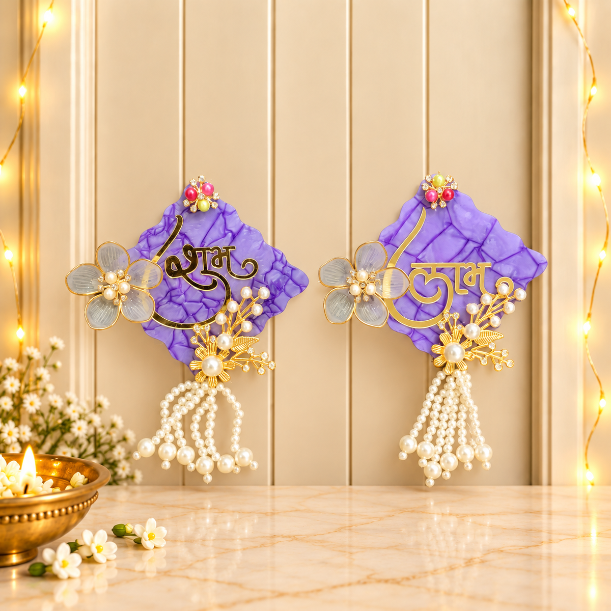 Handmade Lavender and Gold Diamond Shubh Labh hanging plaque pair for Diwali main door decoration in India