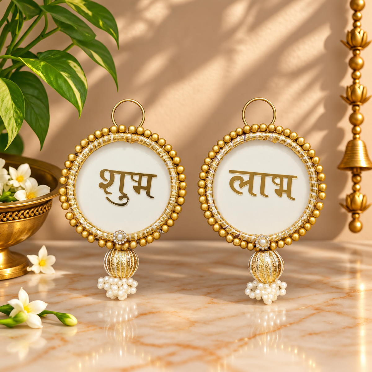 Handmade Ivory and Gold Shubh Labh latkan close-up with pearl detailing and premium festive finish