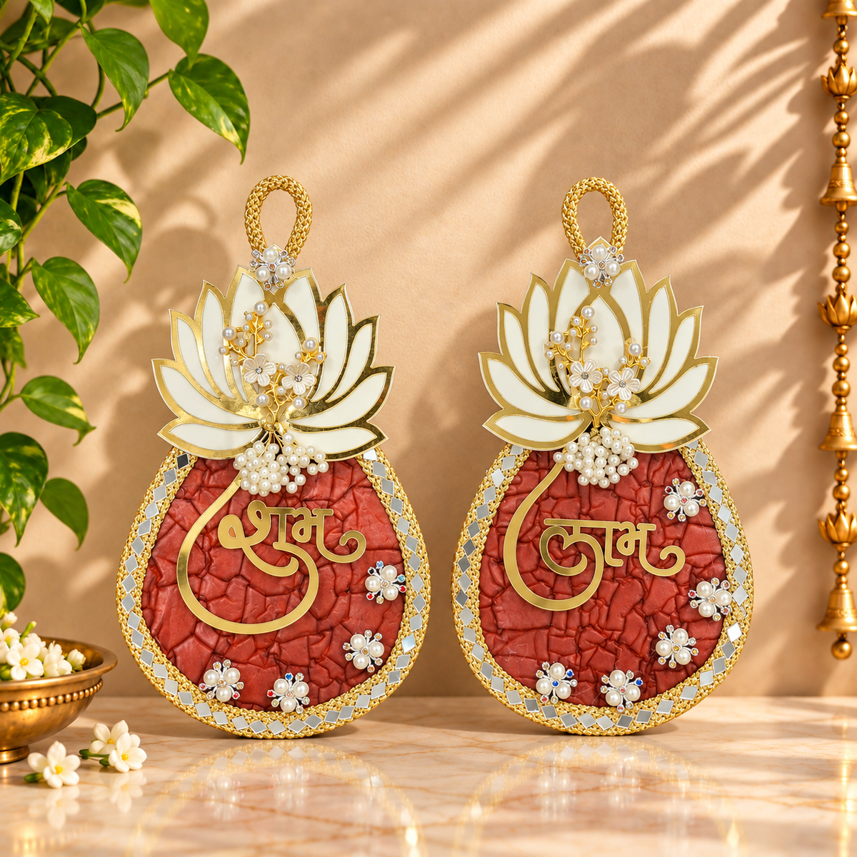 Handmade Crimson Red and Gold Lotus Shubh Labh plaque pair for Diwali hampers, wedding return gifts and corporate gifting