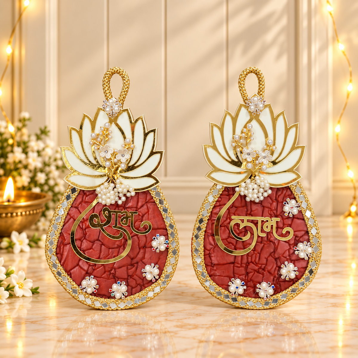 Crimson Red and Gold Lotus Shubh Labh decorative plaque pair for pooja room, mandir and Lakshmi Pooja decor