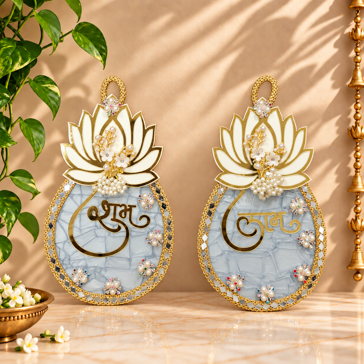 Ice Blue and Gold Lotus Shubh Labh decorative plaque pair for pooja room, mandir and Lakshmi Pooja decor