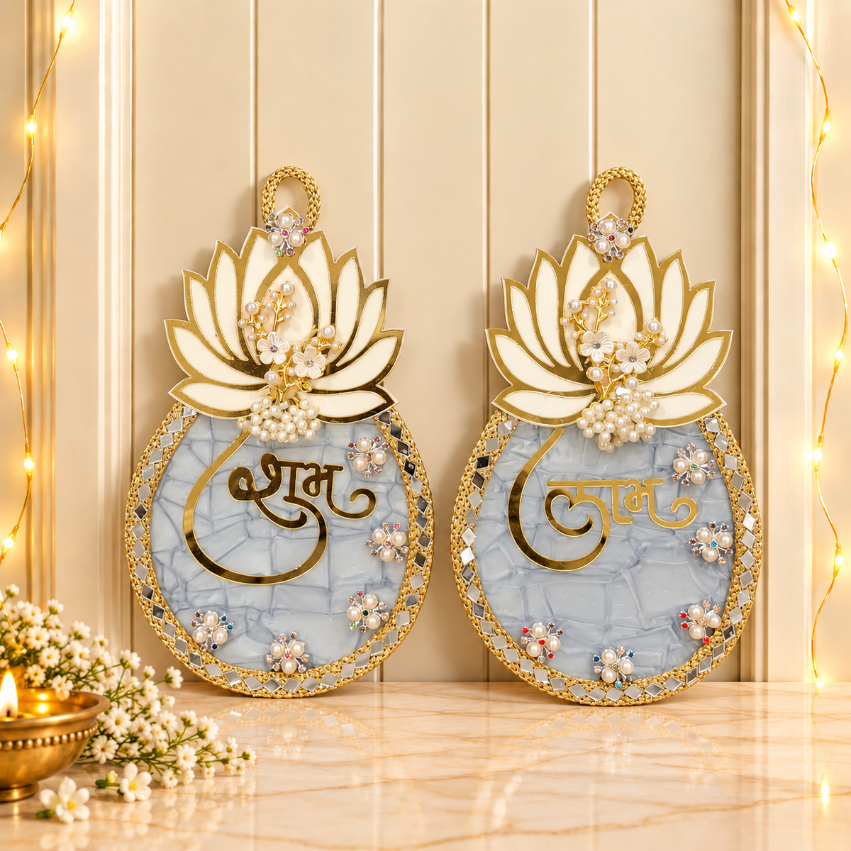 Ice Blue and Gold Lotus Shubh Labh hanging plaques displayed on main door for Diwali and Gruh Pravesh decoration