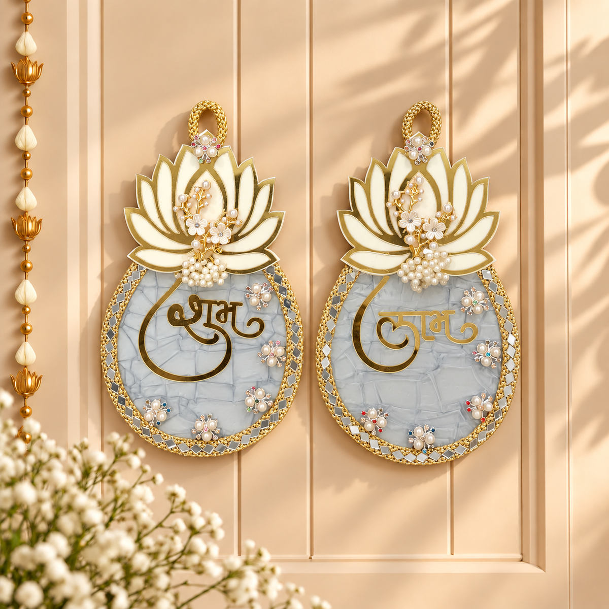 Handmade Ice Blue and Gold Lotus Shubh Labh hanging plaque pair for Diwali main door decoration in India