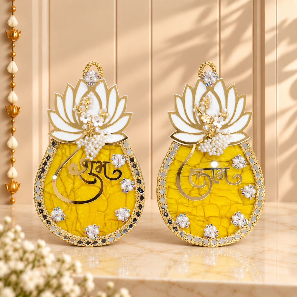 Handmade Lotus Motif Yellow & Gold Shubh Labh Hanging Plaque Pair for Festive Door Decor