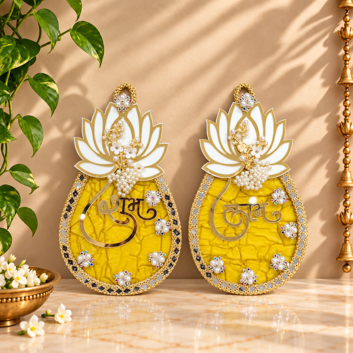 Handmade Lotus Motif Yellow & Gold Shubh Labh Hanging Plaque Pair for Festive Door Decor