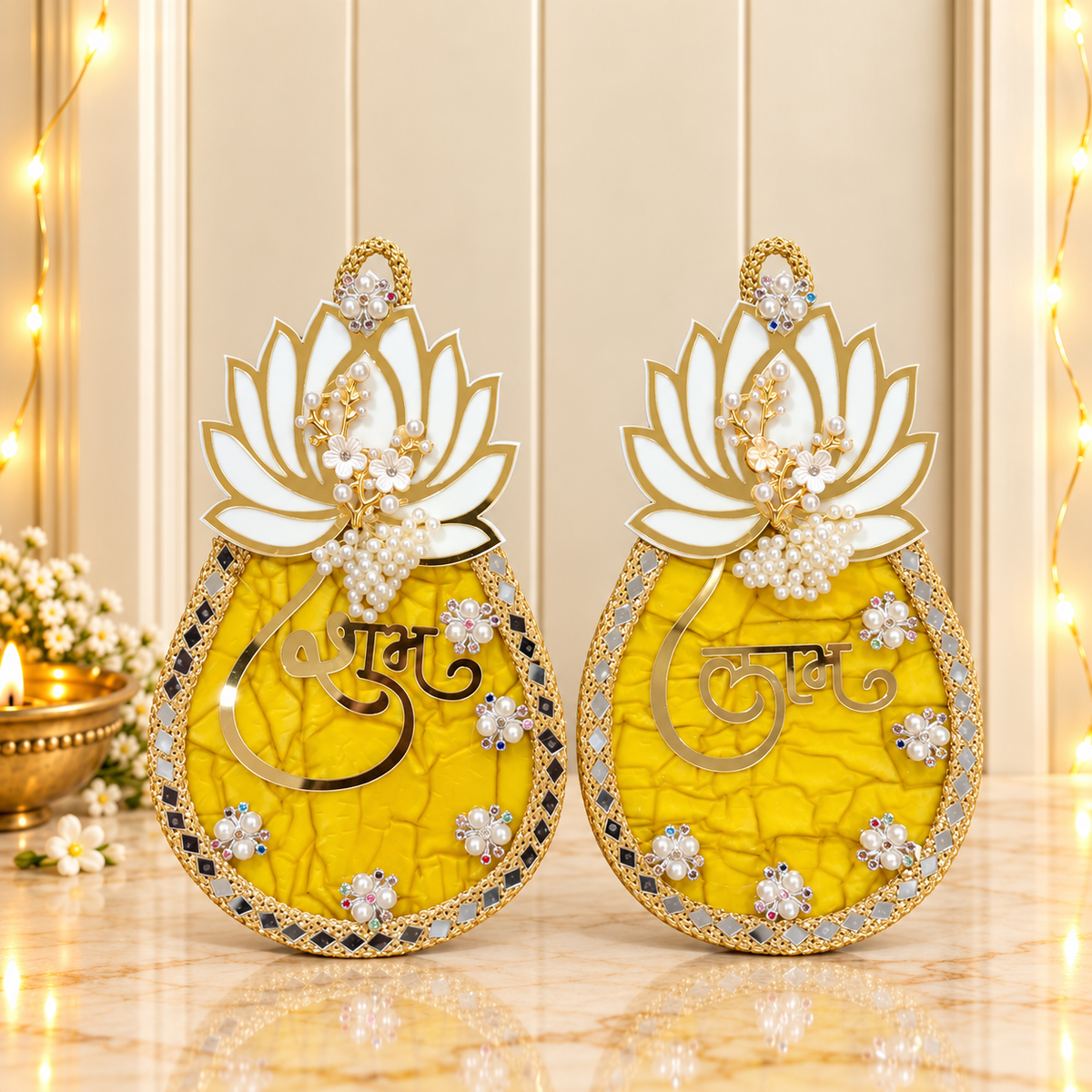 Handmade Lotus Motif Yellow & Gold Shubh Labh Hanging Plaque Pair for Festive Door Decor