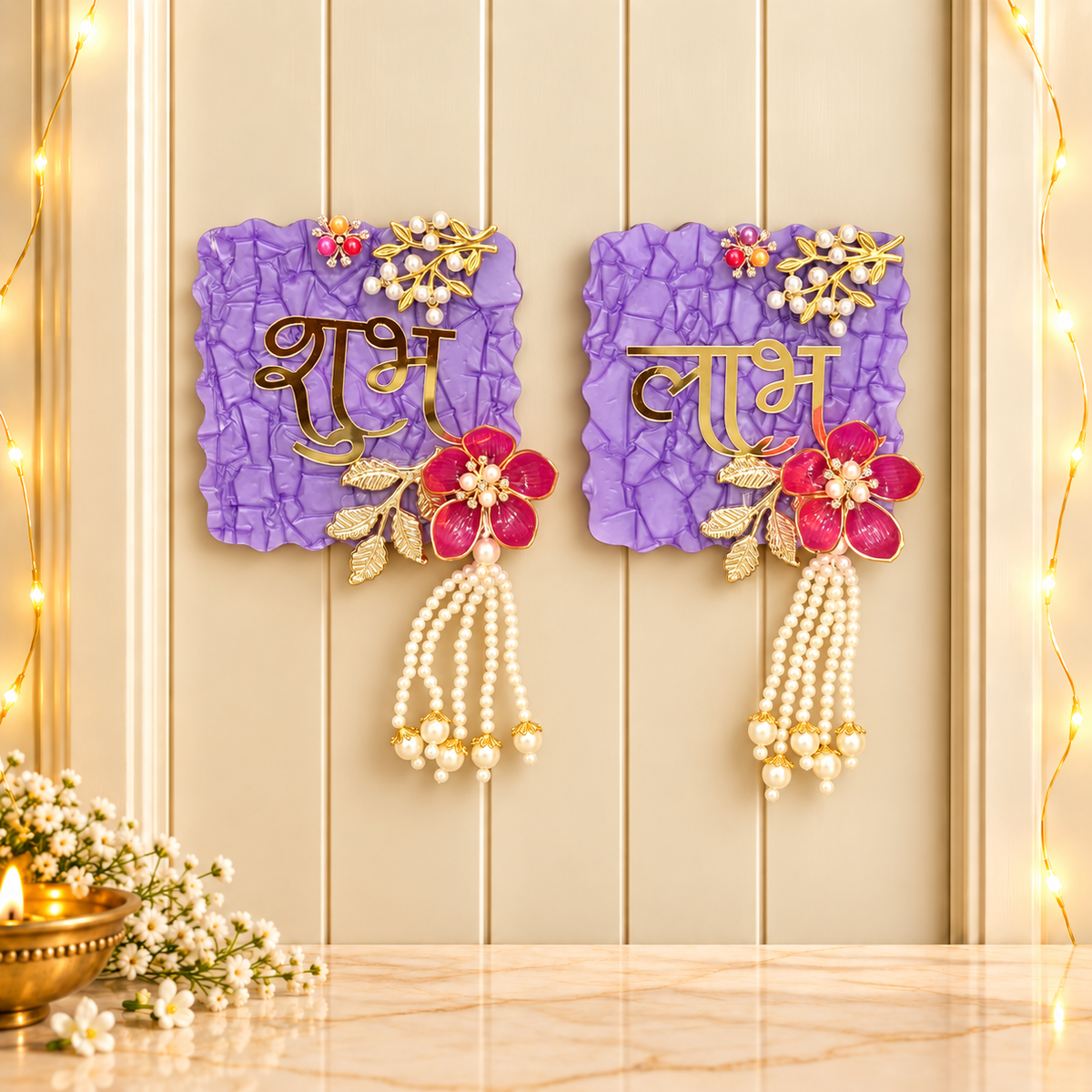 Handmade Purple and Magenta Floral Shubh Labh hanging plaque pair for Diwali main door decoration in India