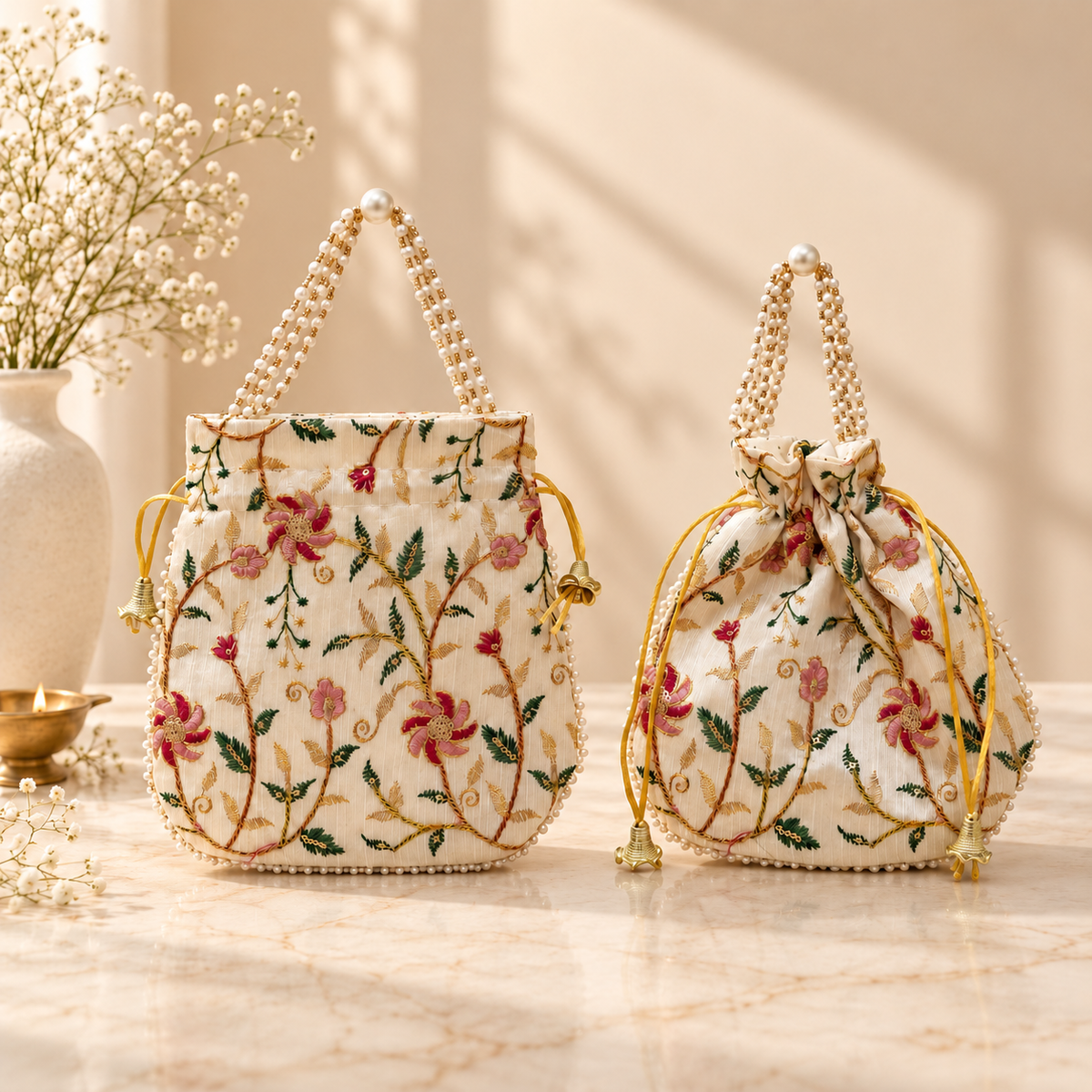 Ivory silk potli bag close-up with delicate pink floral vine detailing for premium wedding gifting