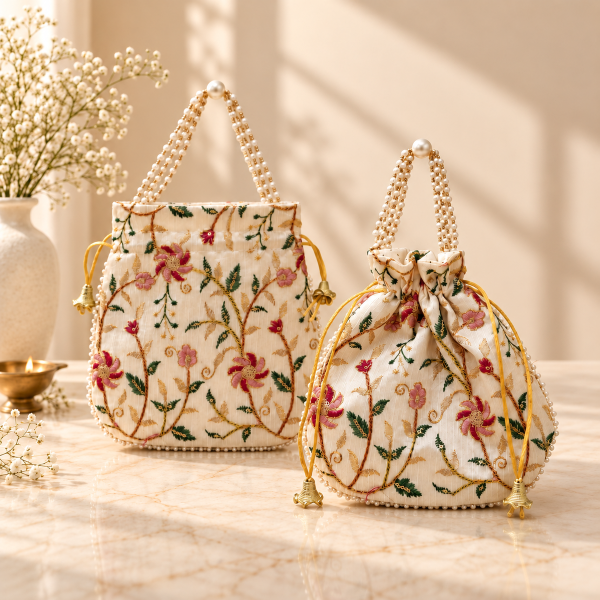 Ivory and Pink Floral Vine silk potli bag for wedding return gifts, bridal trousseau and festive gifting in India