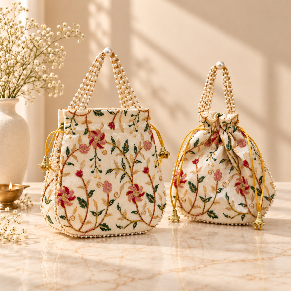 Ivory and Pink Floral Vine potli bag styled for wedding return gifts, bridesmaid hampers and festive gifting