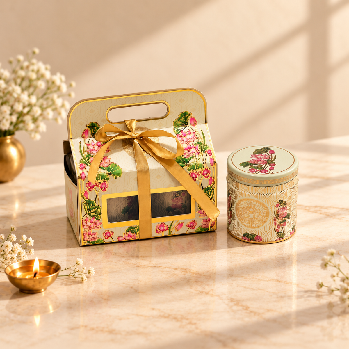 Open Ivory and Pink Lotus gift box with coordinated tins for customized festive gifting