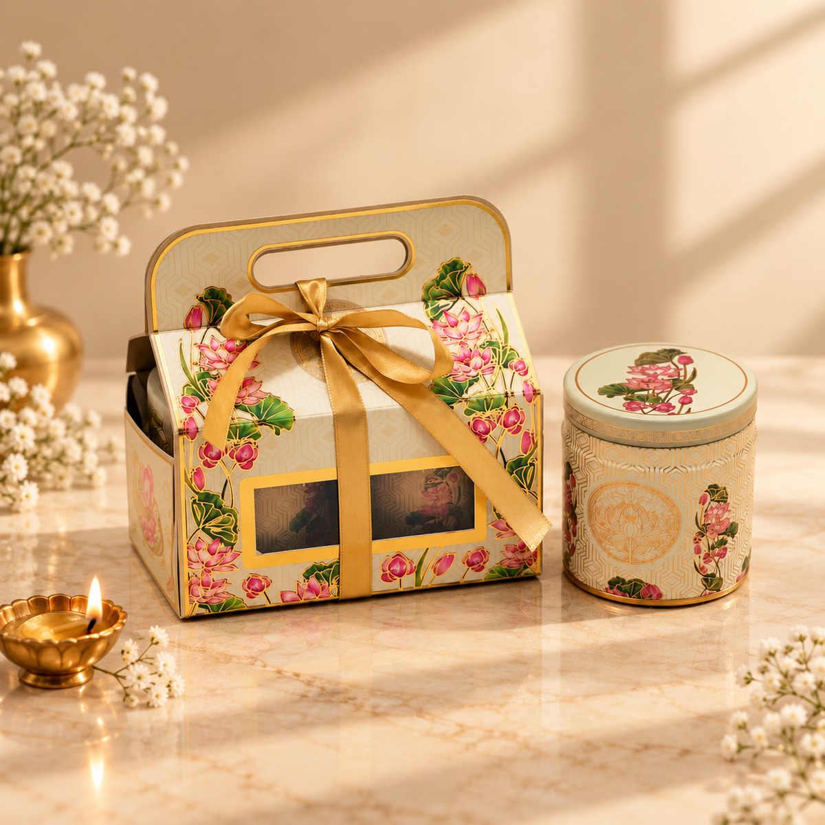 Ivory and Pink Lotus luxury festive gift box and tin set for Diwali, weddings and corporate gifting in India