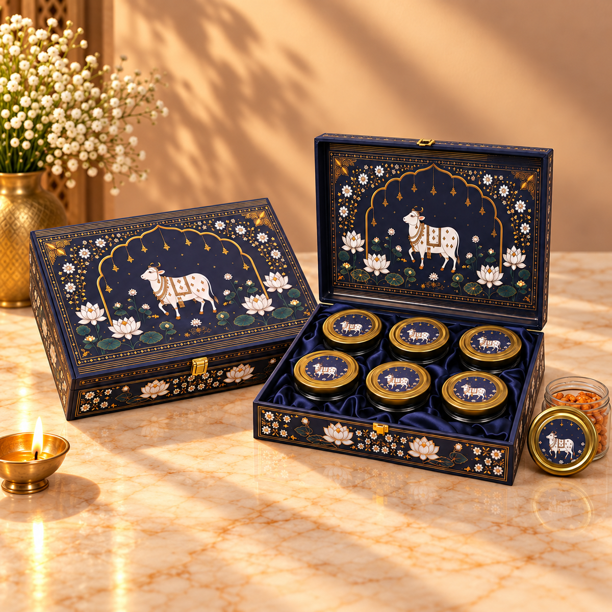 Open Kamdhenu 6-jar gift box for dry fruits, sweets, mukhwas and festive gifting