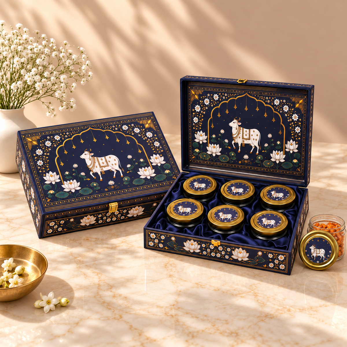 Premium Kamdhenu theme gift box for Diwali, wedding, pooja and corporate gifting