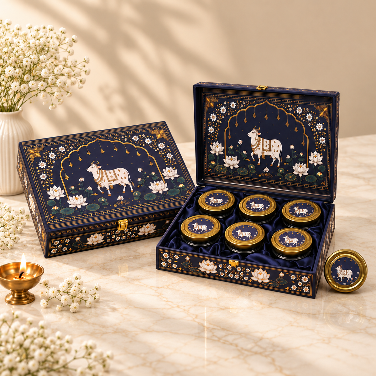 Open Kamdhenu 6-jar gift box for dry fruits, sweets, mukhwas and festive gifting