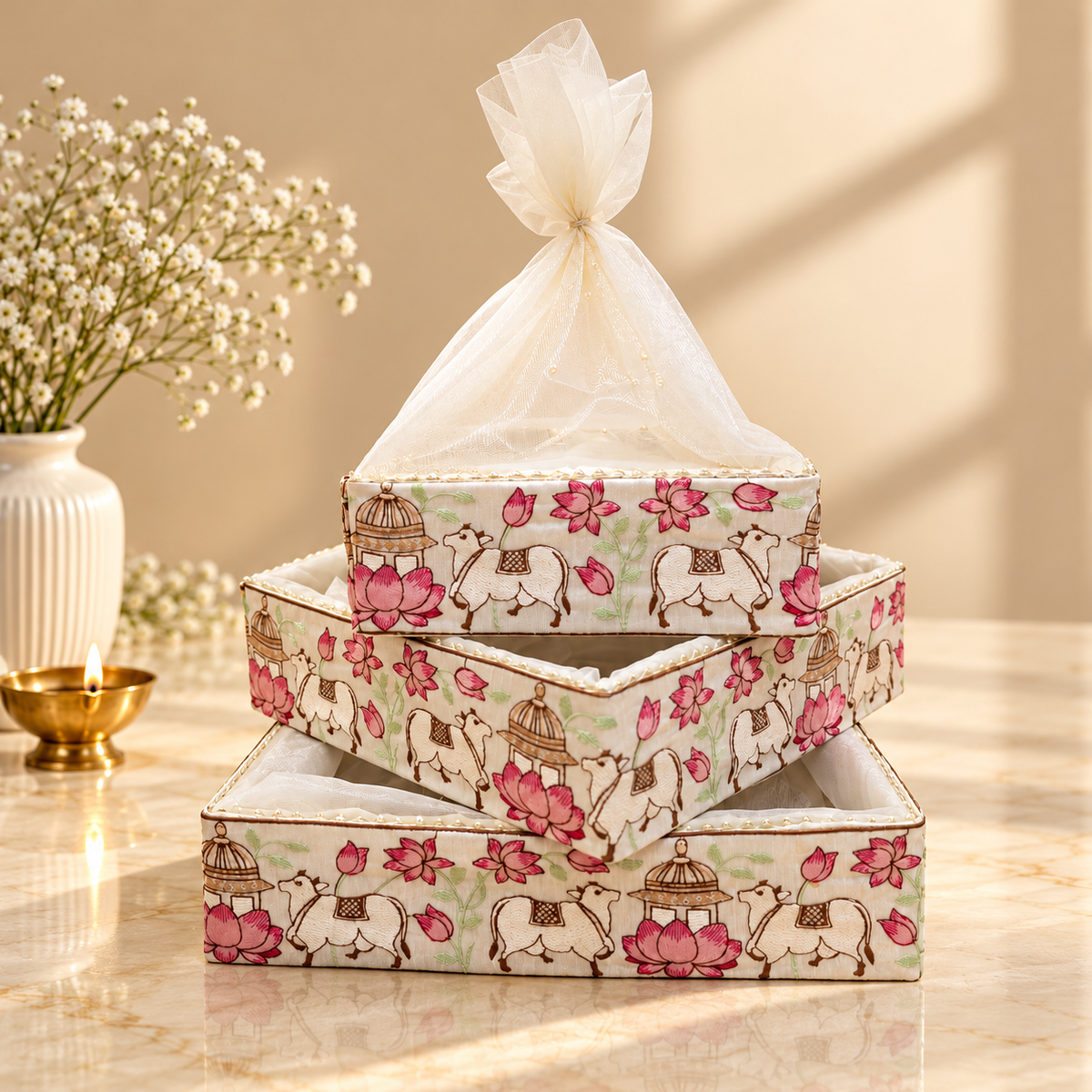 Kamdhenu Cow and Lotus embroidered gift tray with pearl trim for Diwali hampers and wedding trousseau