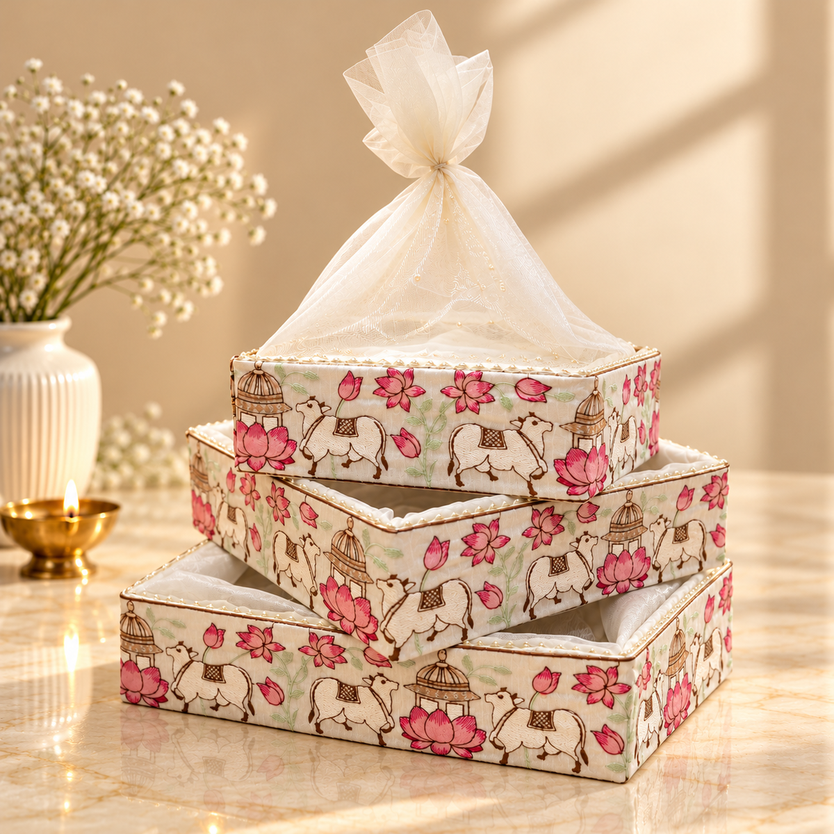 Kamdhenu Cow and Lotus embroidered gift tray set of 3 with elegant pearl-style trim