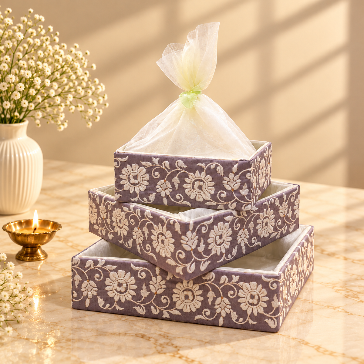 Lavender Jacquard gift tray with white floral embroidery for wedding trousseau, Diwali hampers and festive gifting