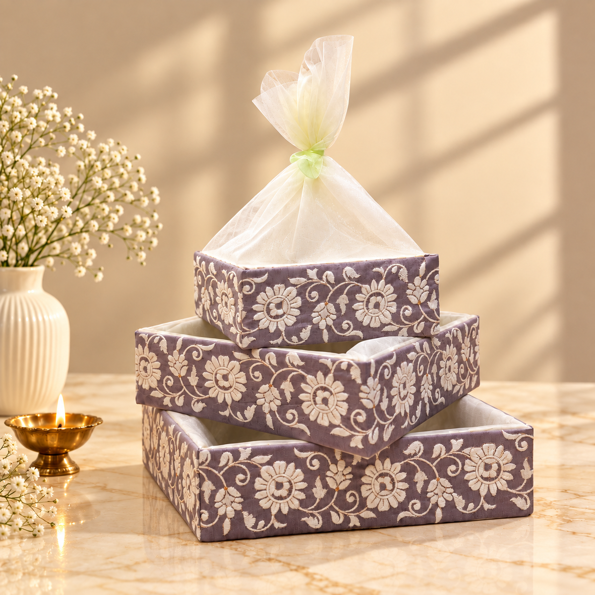 Lavender Jacquard nesting tray set of 3 with white floral embroidery and coordinated ivory sheer net covers