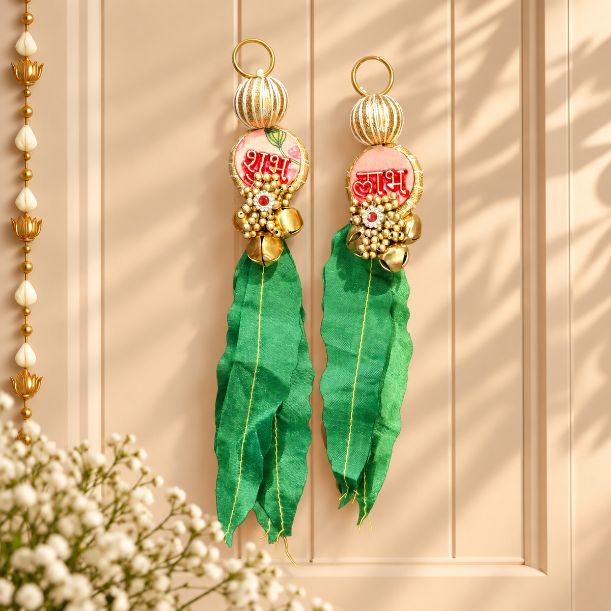 Leaf Accent Shubh Labh pair used as decorative accessory for Diwali and wedding gift hampers